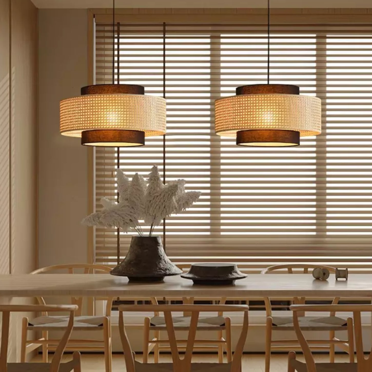 Florence Rustic Rattan Drum Shade Pendant Light scene2.webp__PID:6dc16e09-529a-4566-9193-9bb4ee2a5159