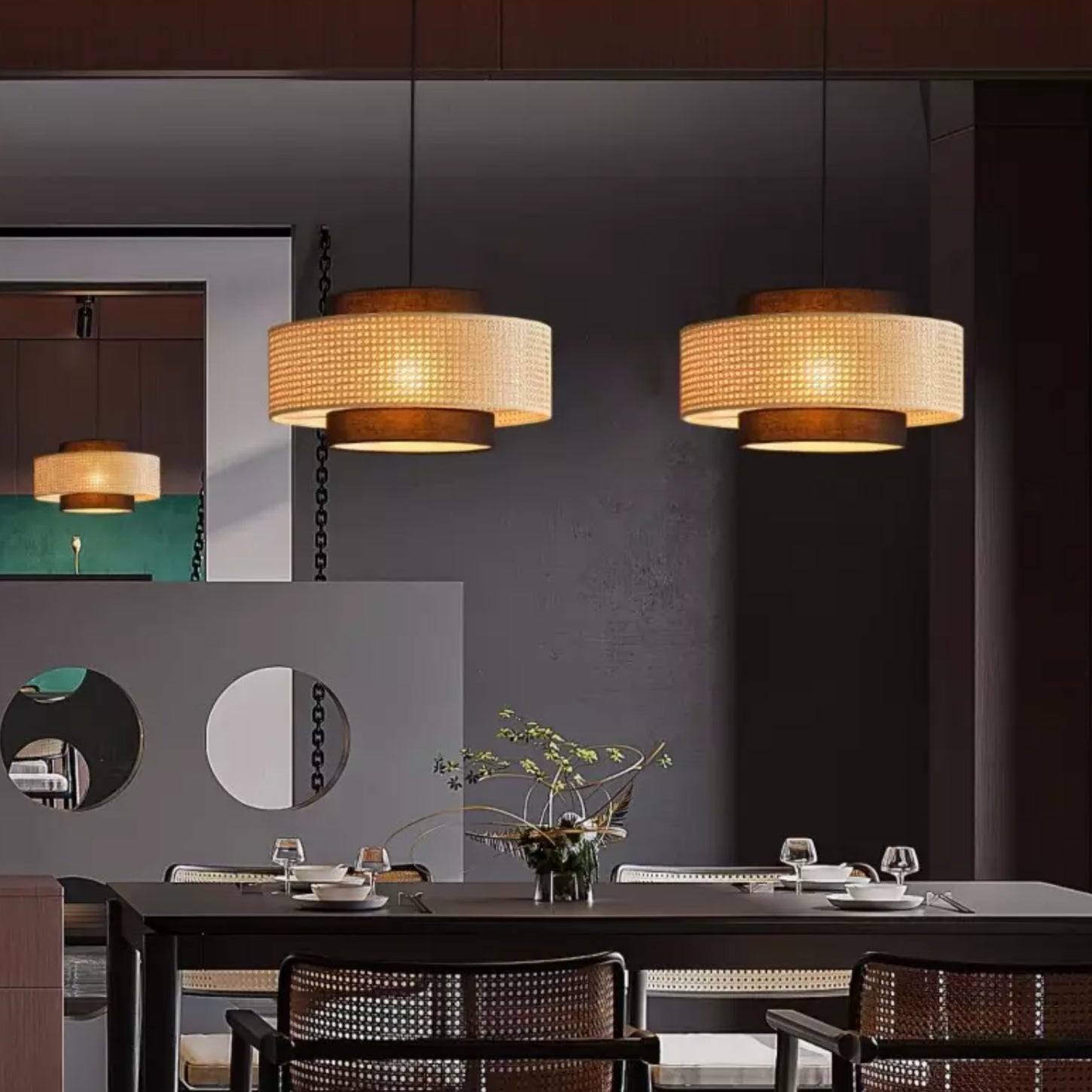 Florence Rustic Rattan Drum Shade Pendant Light scene5.webp__PID:c16e0952-9aa5-46d1-939b-b4ee2a5159ea
