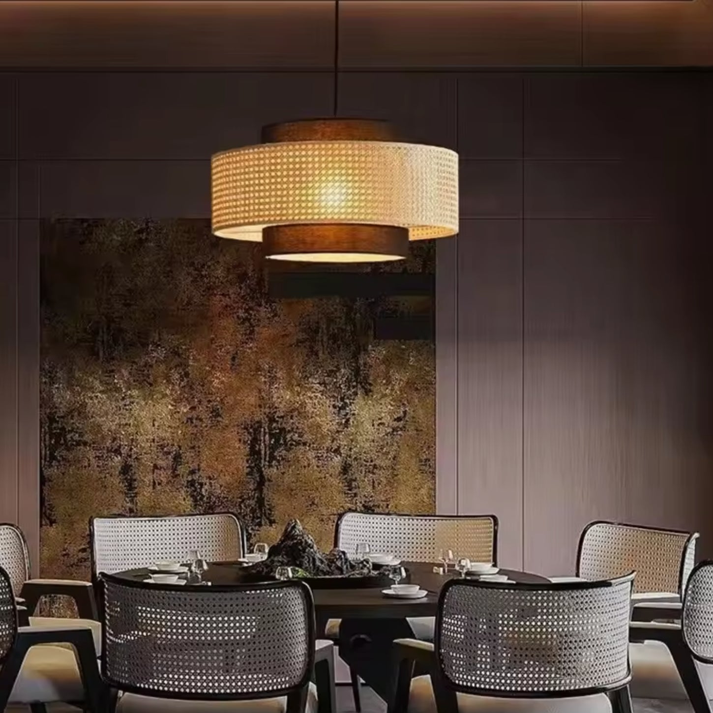 Florence Rustic Rattan Drum Shade Pendant Light scene9.webp__PID:4a1724d4-c620-4b5f-a264-90c8567de5b6