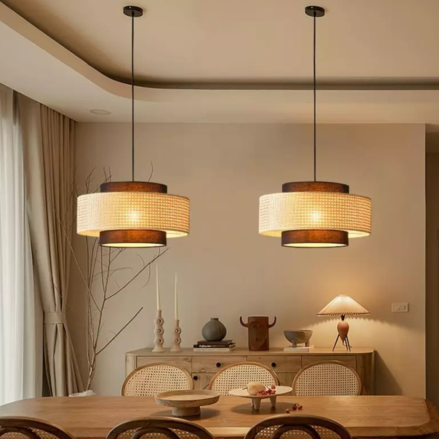 Florence Rustic Rattan Drum Shade Pendant Light scene3.webp__PID:6d11950a-7efd-4822-86fd-227a58fd2ac7