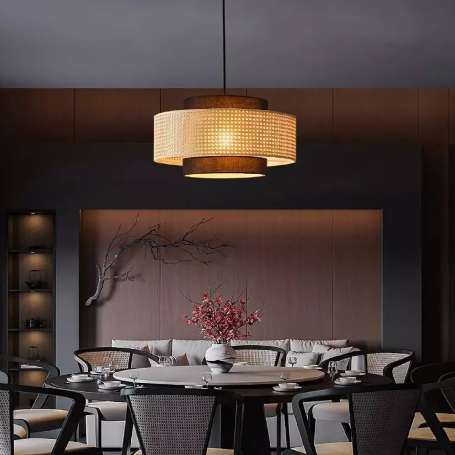 Florence Rustic Rattan Drum Shade Pendant Light scene1.webp__PID:f86dc16e-0952-4aa5-a6d1-939bb4ee2a51