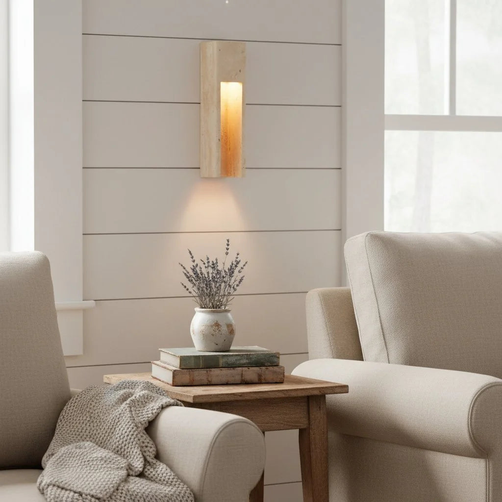 Aplique de pared de travertino minimalista para interiores y exteriores Zoey Marfil 4.webp__PID:52a56508-aabd-4768-b984-fe632c279083