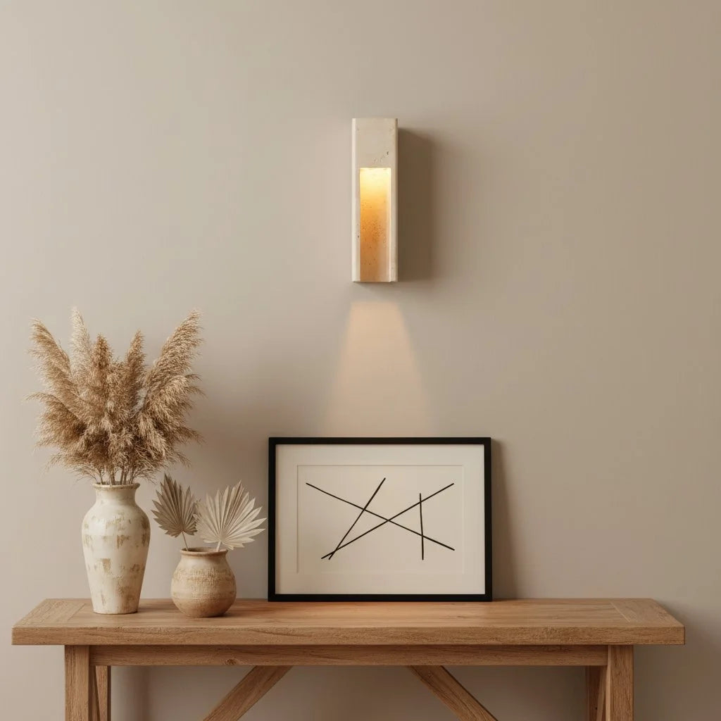 Aplique de pared de travertino minimalista para interiores y exteriores Zoey Marfil 6.webp__PID:6508aabd-4768-4984-be63-2c27908302e1