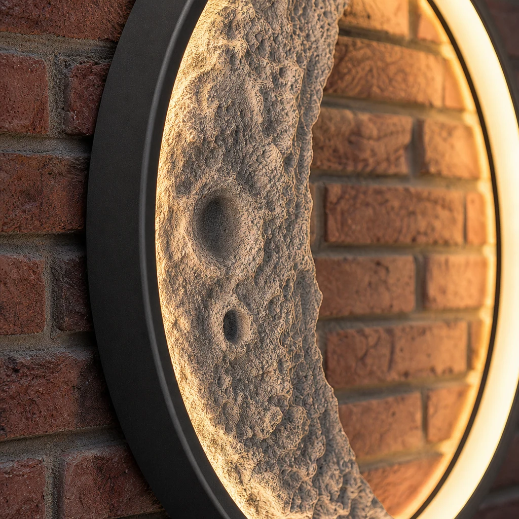 Detalle en primer plano del aplique Elif moon acabado negro y superficie texturizada