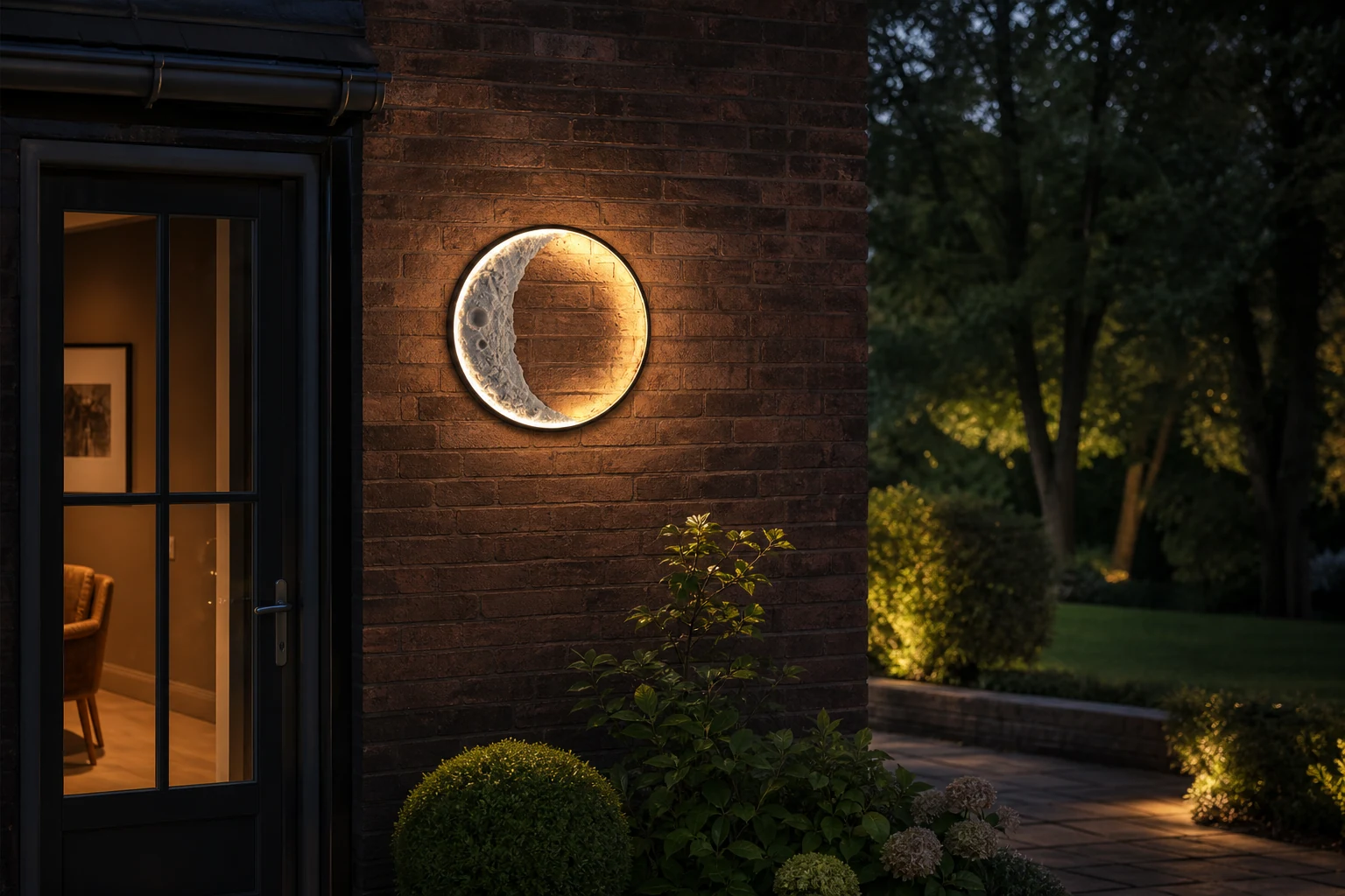Lámpara de pared exterior Elif Black Moon en una escena de estilo de vida de patio complementaria