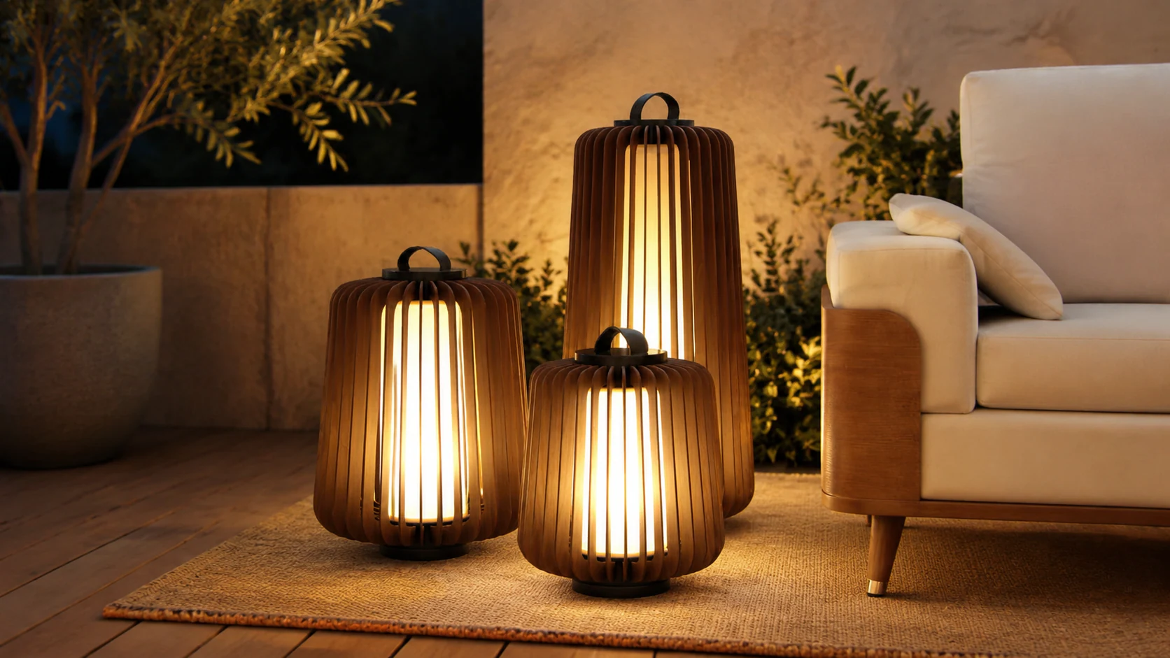 Legno Outdoor Table Lamp in a warm outdoor lounge scene