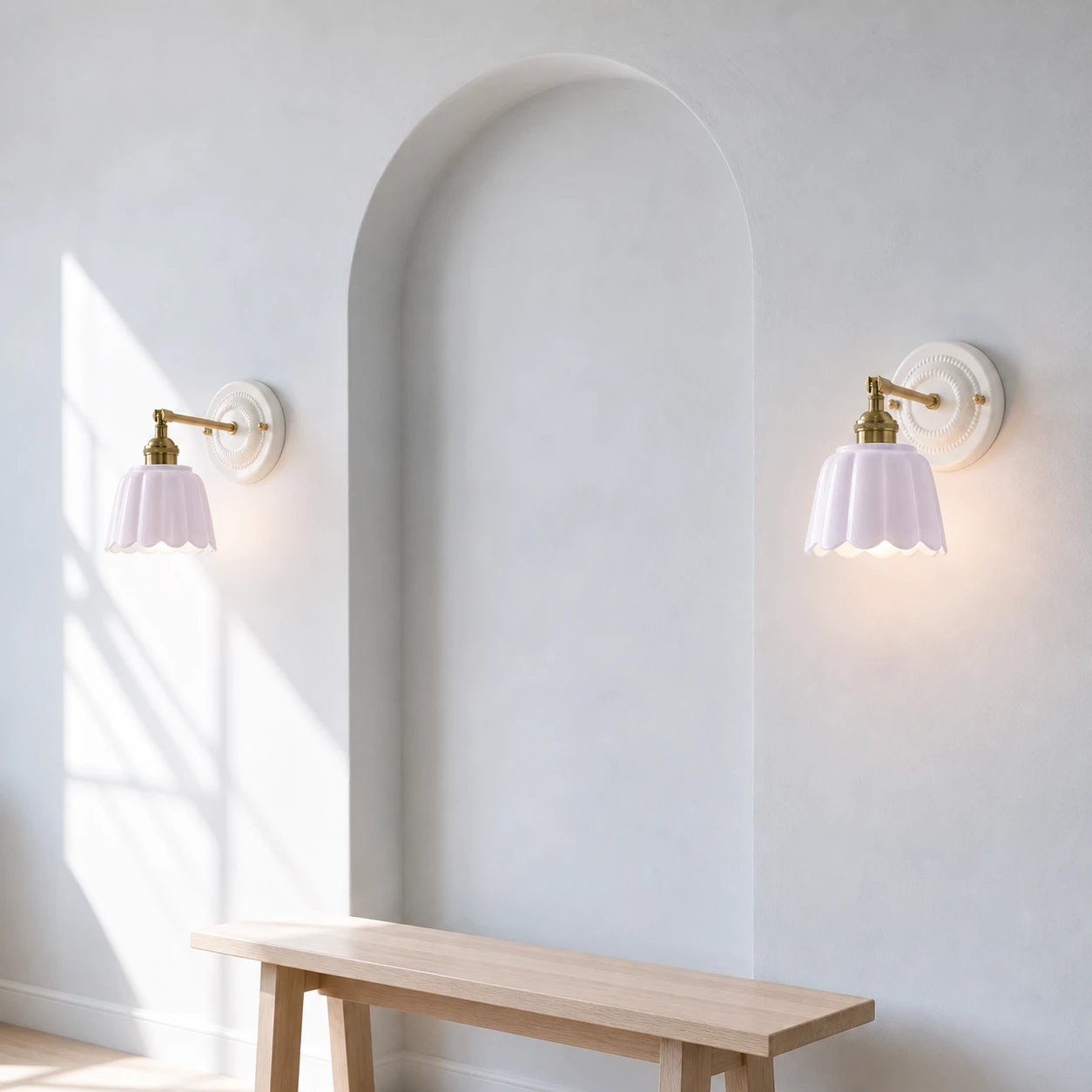 Pair of light purple wall lights around a sculptural plaster recess