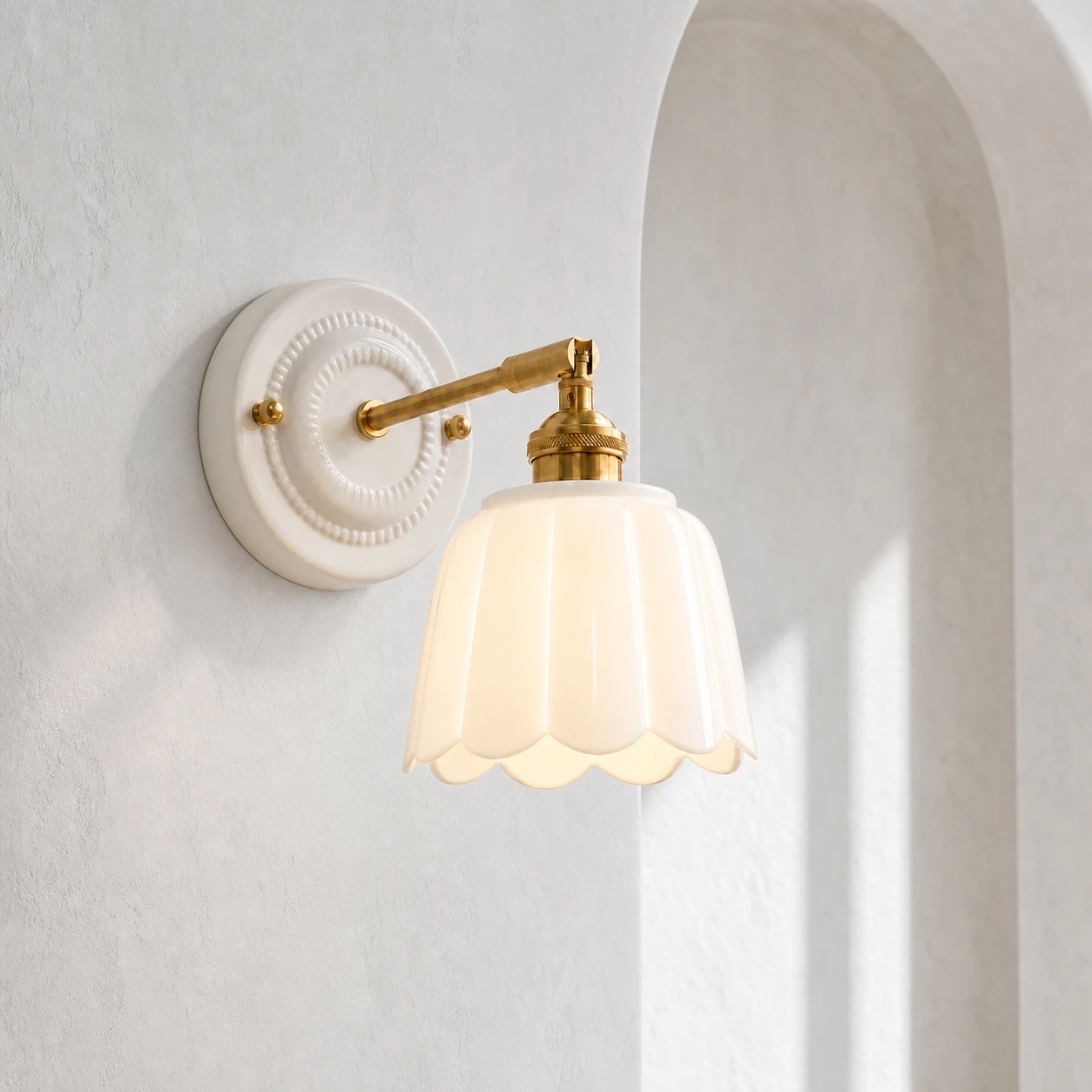 White petal ceramic wall light in a sculptural Nordic interior