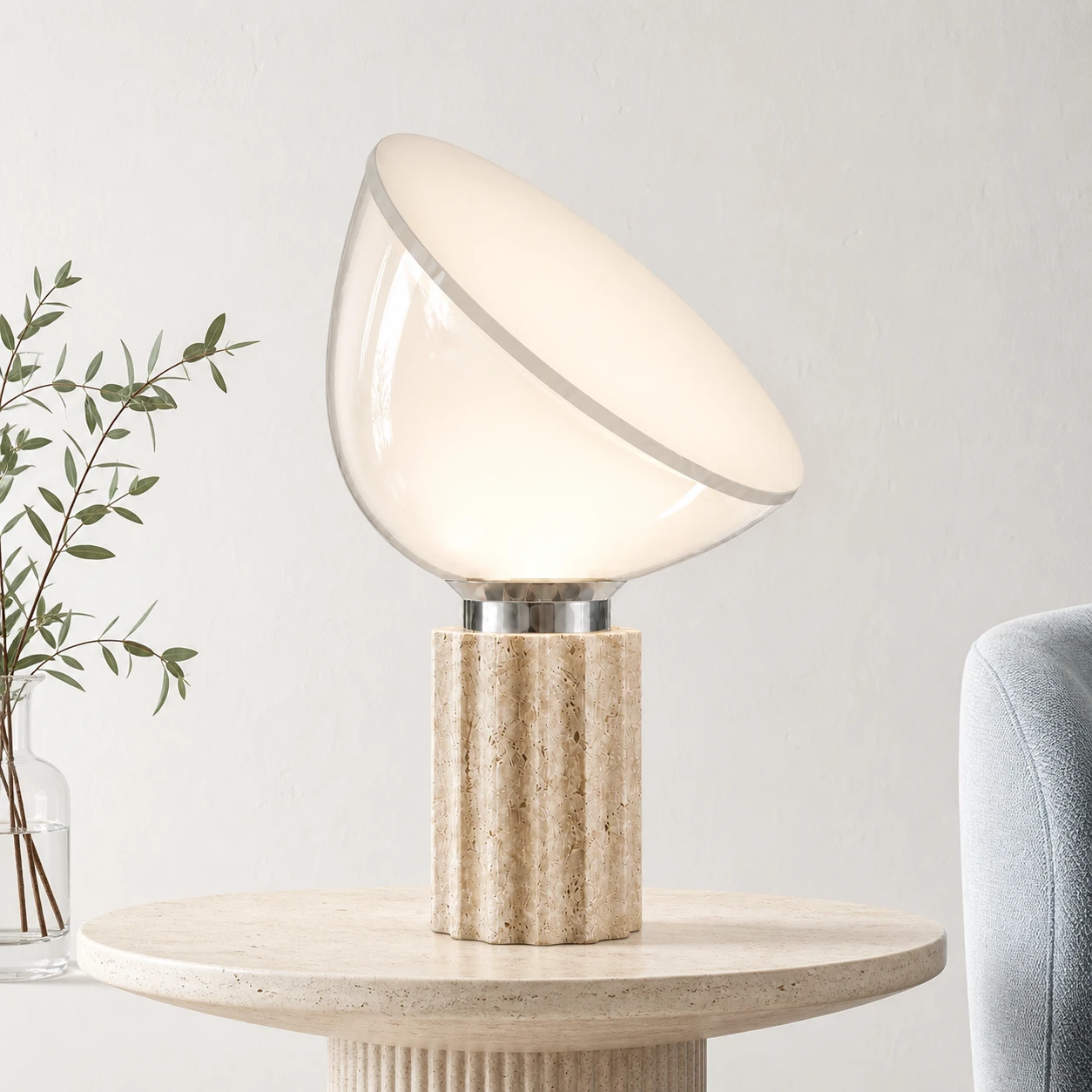 Taci lamp switched on in a clean Nordic light-luxury setting