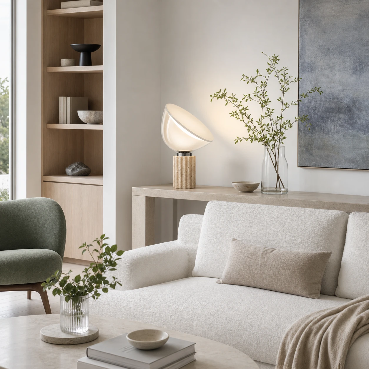 Far lifestyle view of the Taci lamp in a bright Nordic lounge