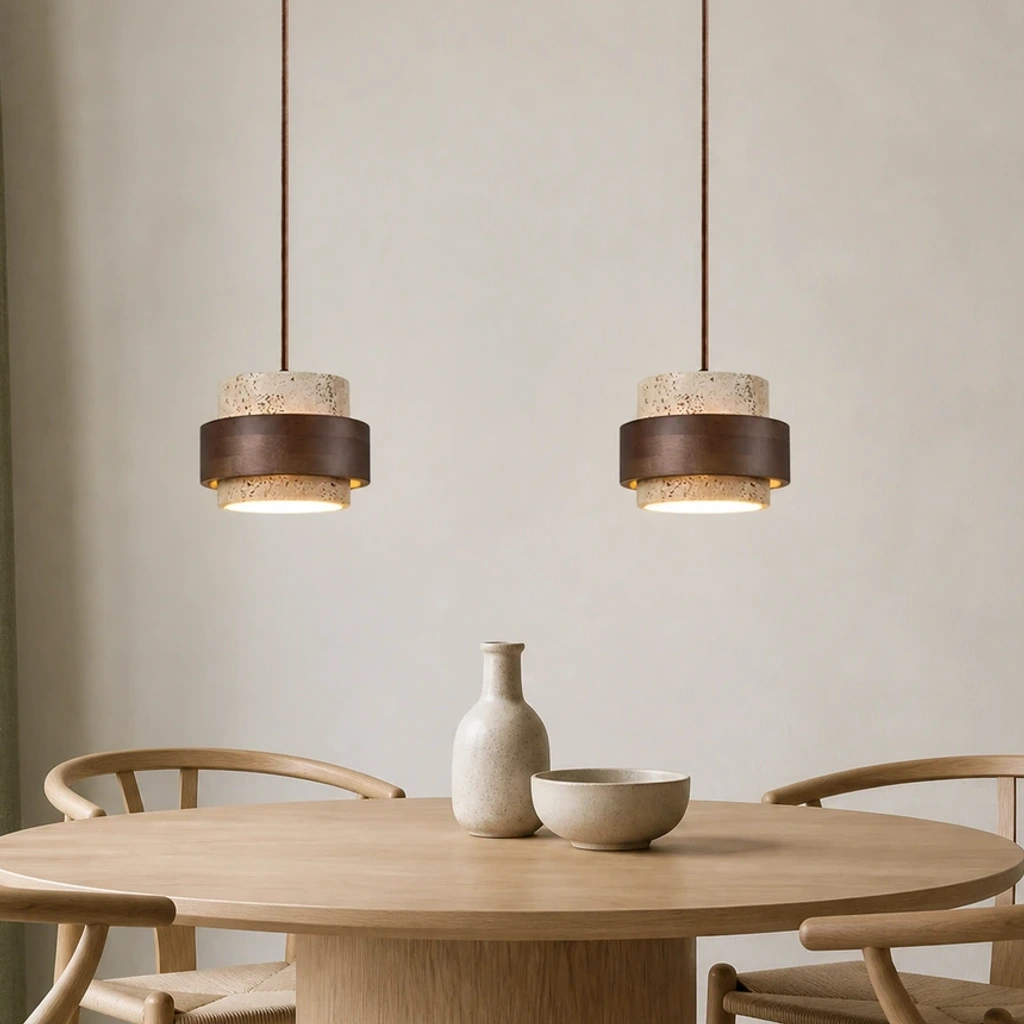 Two-head Timothy pendant above a compact dining table
