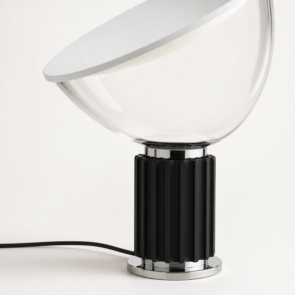 Close detail of the black fluted metal base