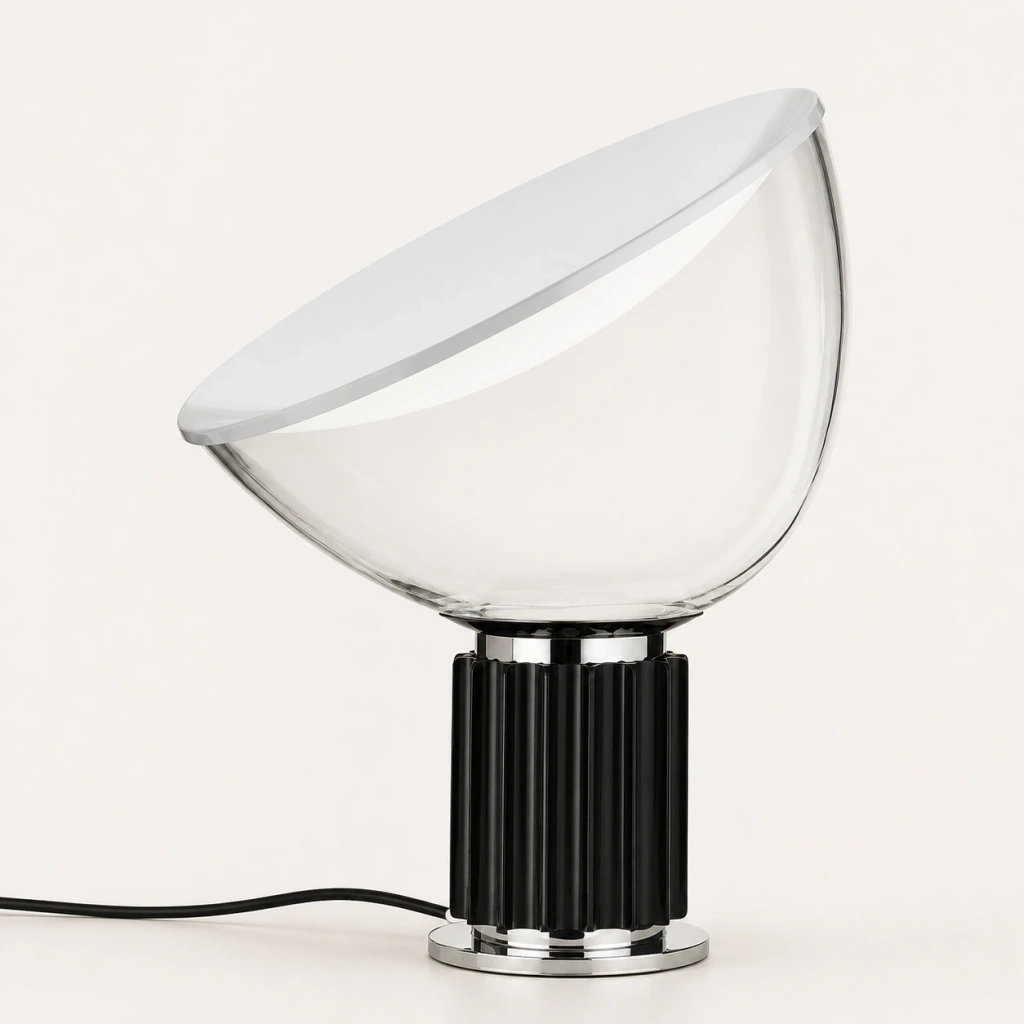 Close detail of the clear glass bowl and white reflector