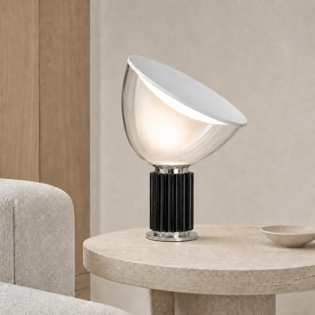 Taci black table lamp switched on in a modern interior