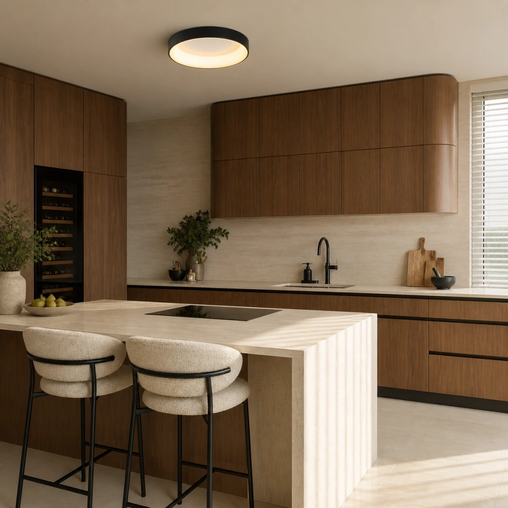 Black Kaylinn ceiling lamp in an Italian modern walnut kitchen