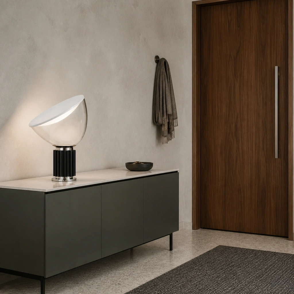 Taci lamp beside a closed modern entrance door