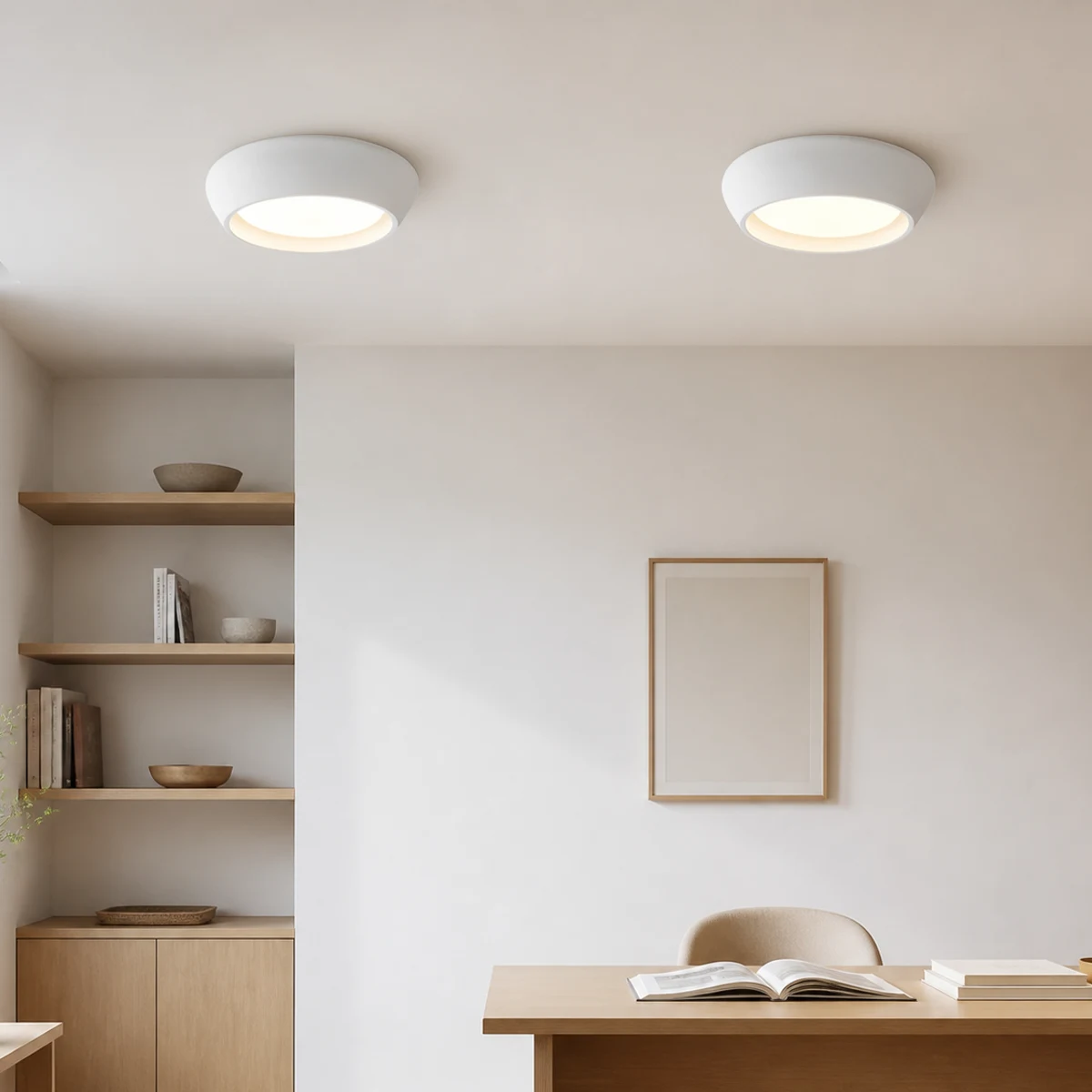 Two White Lavan ceiling lights in a home studio