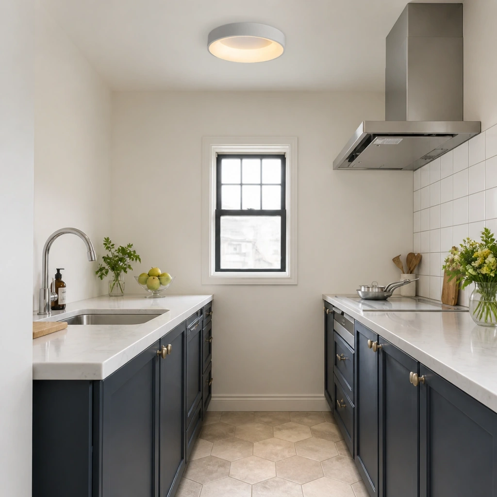 White Kaylinn ceiling lamp in a character galley kitchen