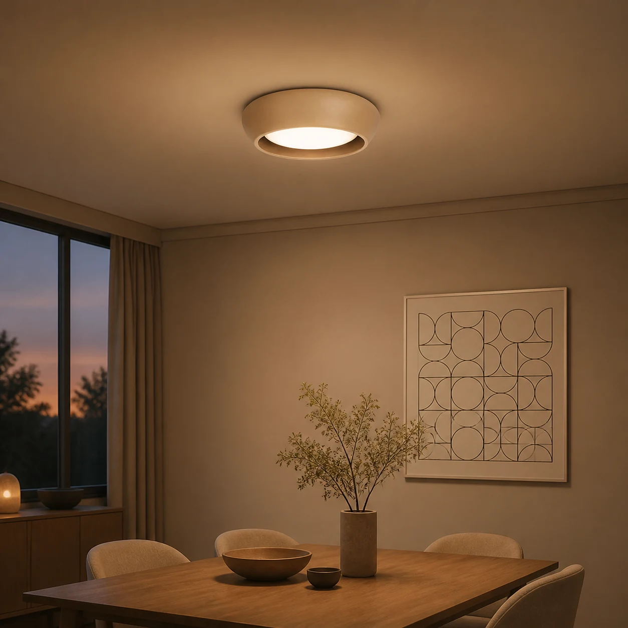 Brown Lavan ceiling light illuminated in an evening dining room
