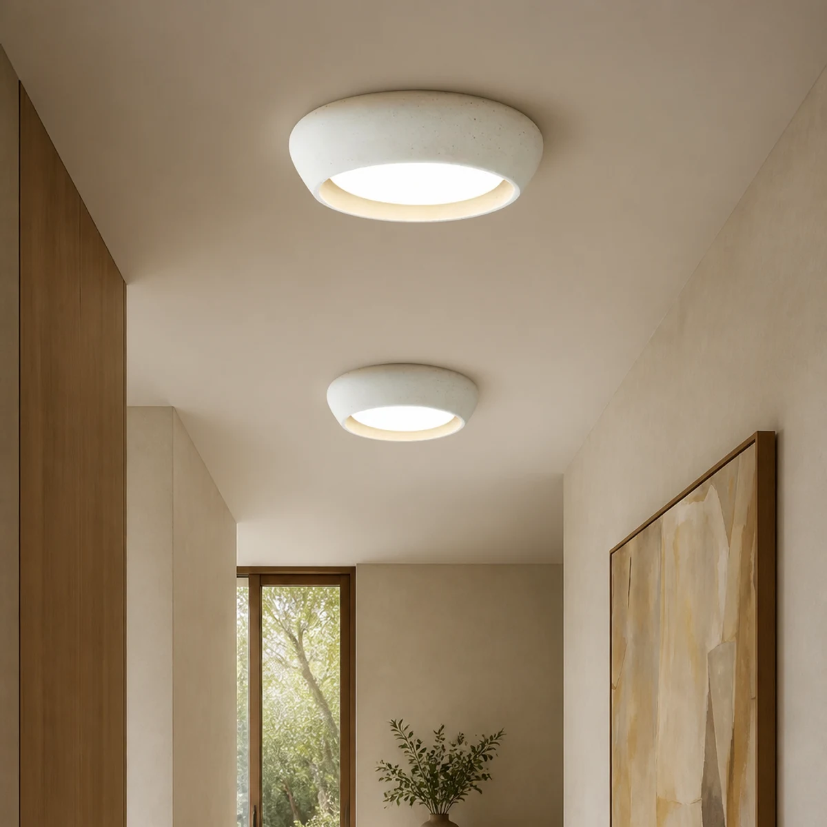Two Light Grey Lavan ceiling lights in an entry hallway