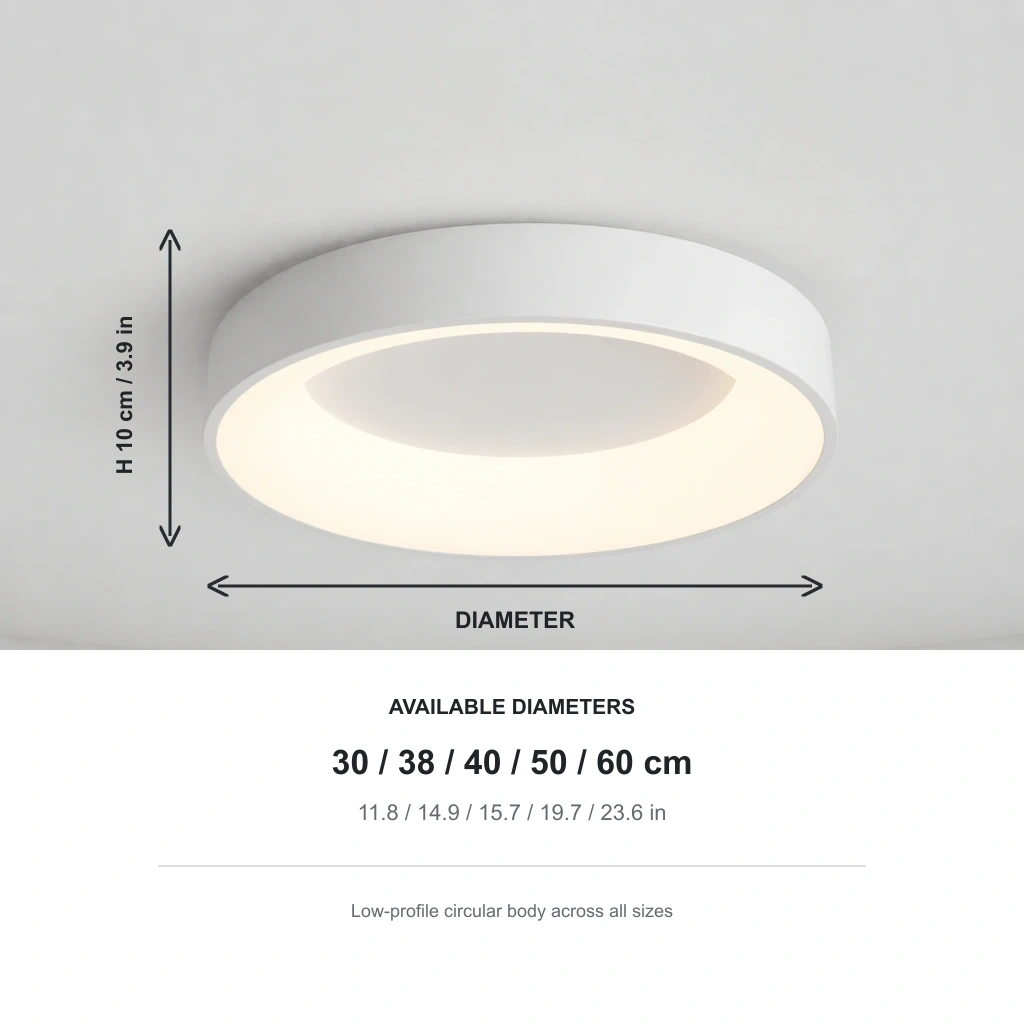 Kaylinn ceiling lamp dimensions for five available diameters