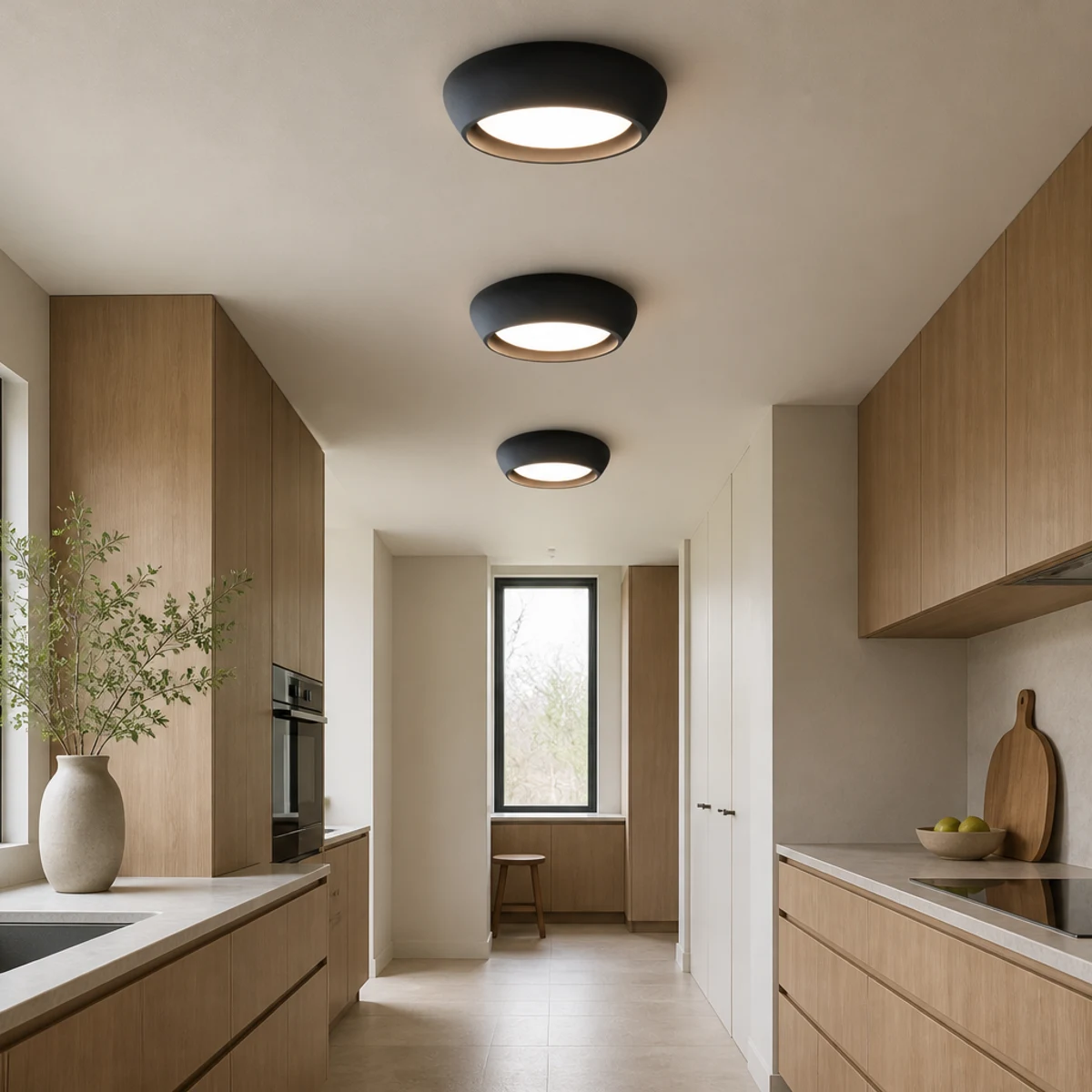 Three Black Lavan ceiling lights in a galley kitchen