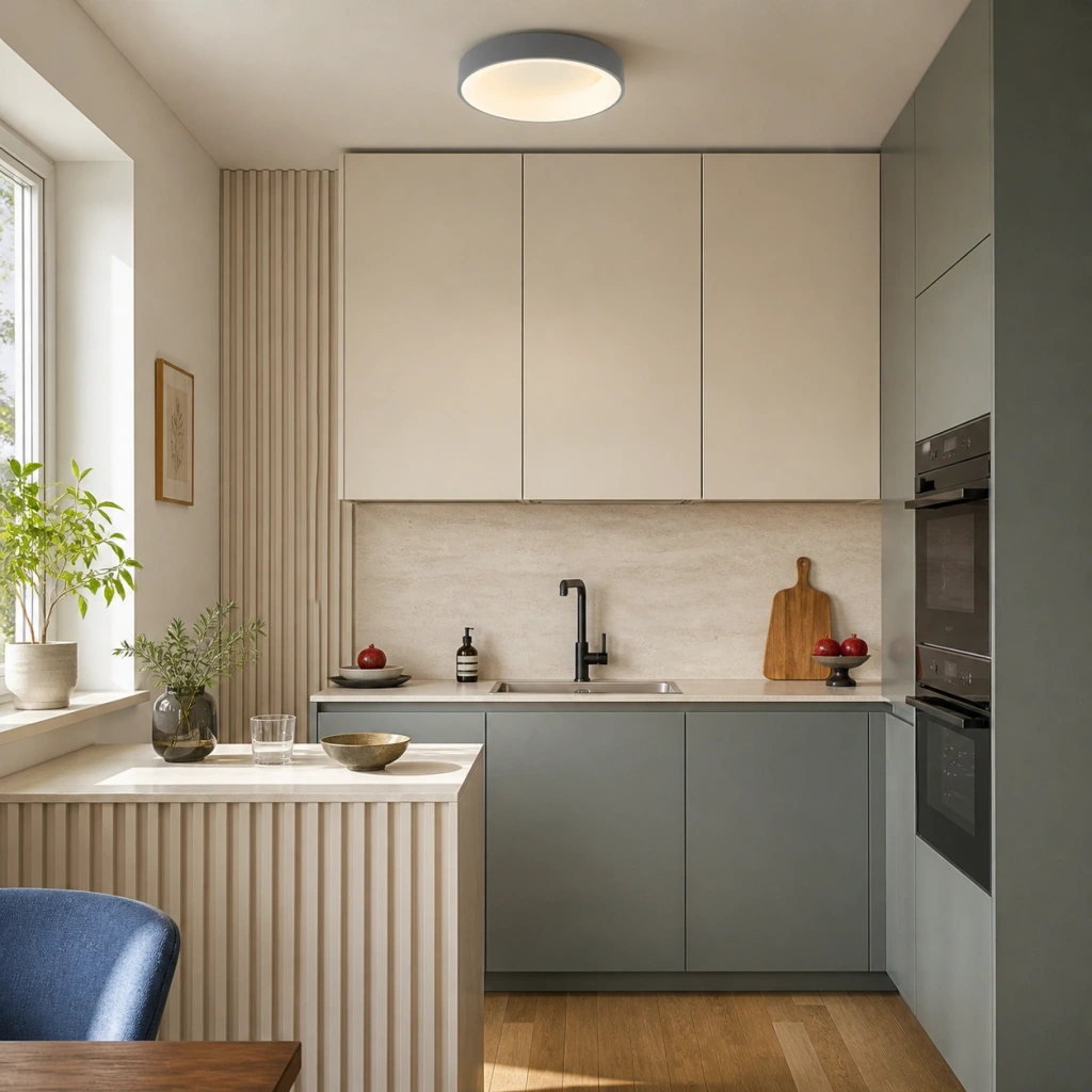 Grey Kaylinn ceiling lamp in a compact Nordic kitchen