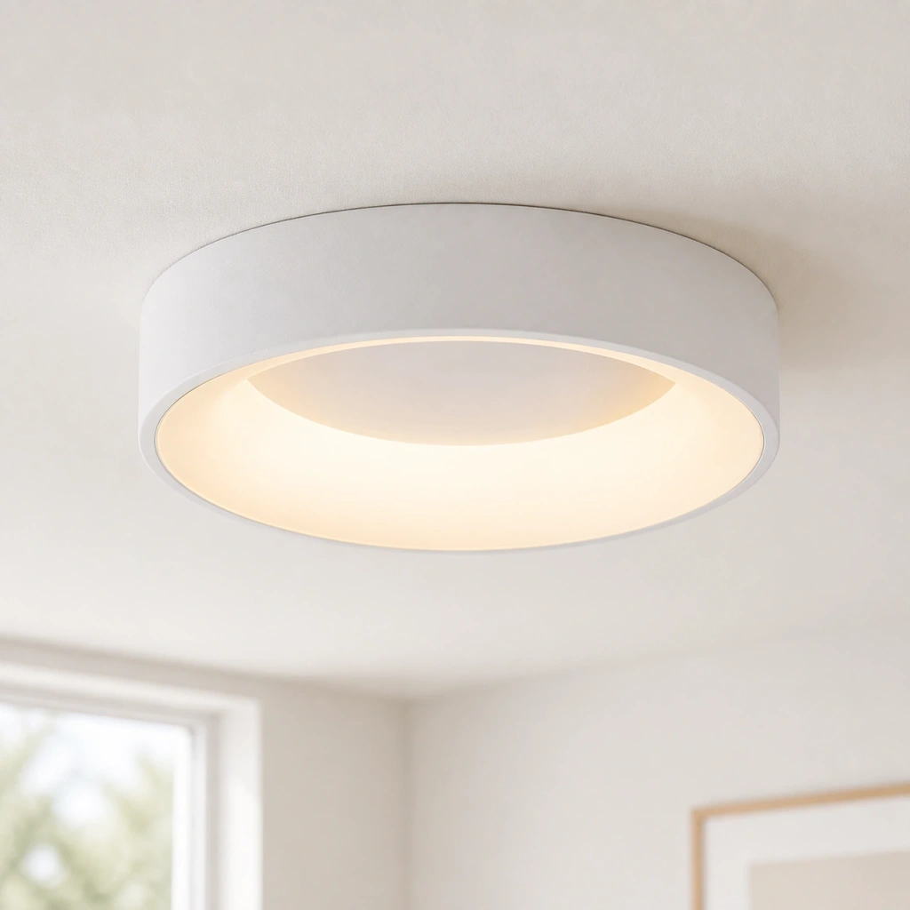 White Kaylinn ceiling lamp in a close product-led view, switched on