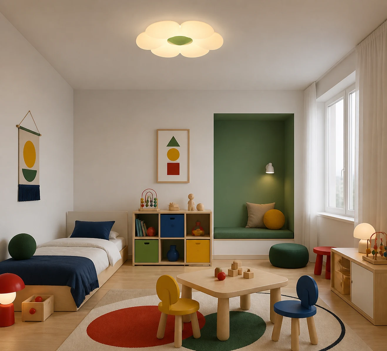 Green-center flower ceiling lamp in a modern children's room
