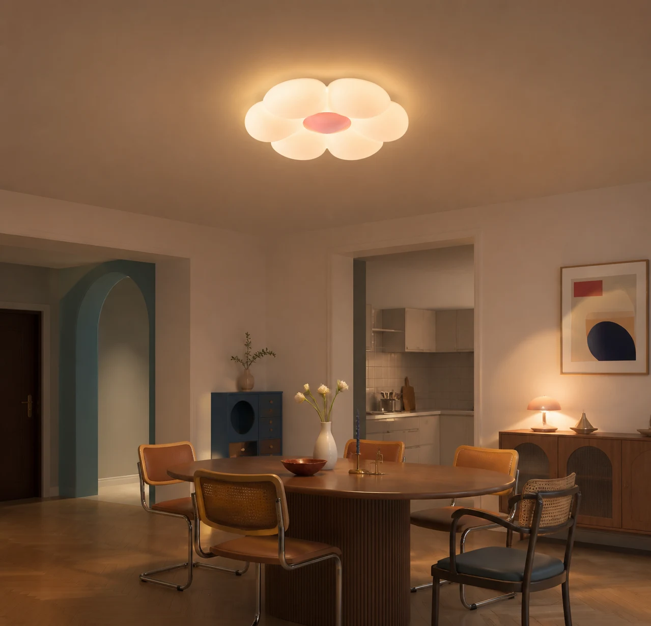 Pink-center flower ceiling lamp in a modern Bauhaus dining area