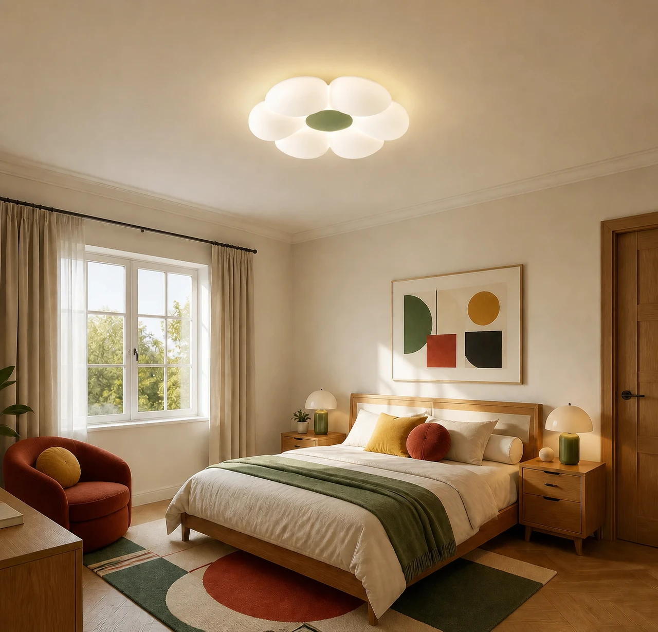 Green-center flower ceiling lamp in a bright modern bedroom