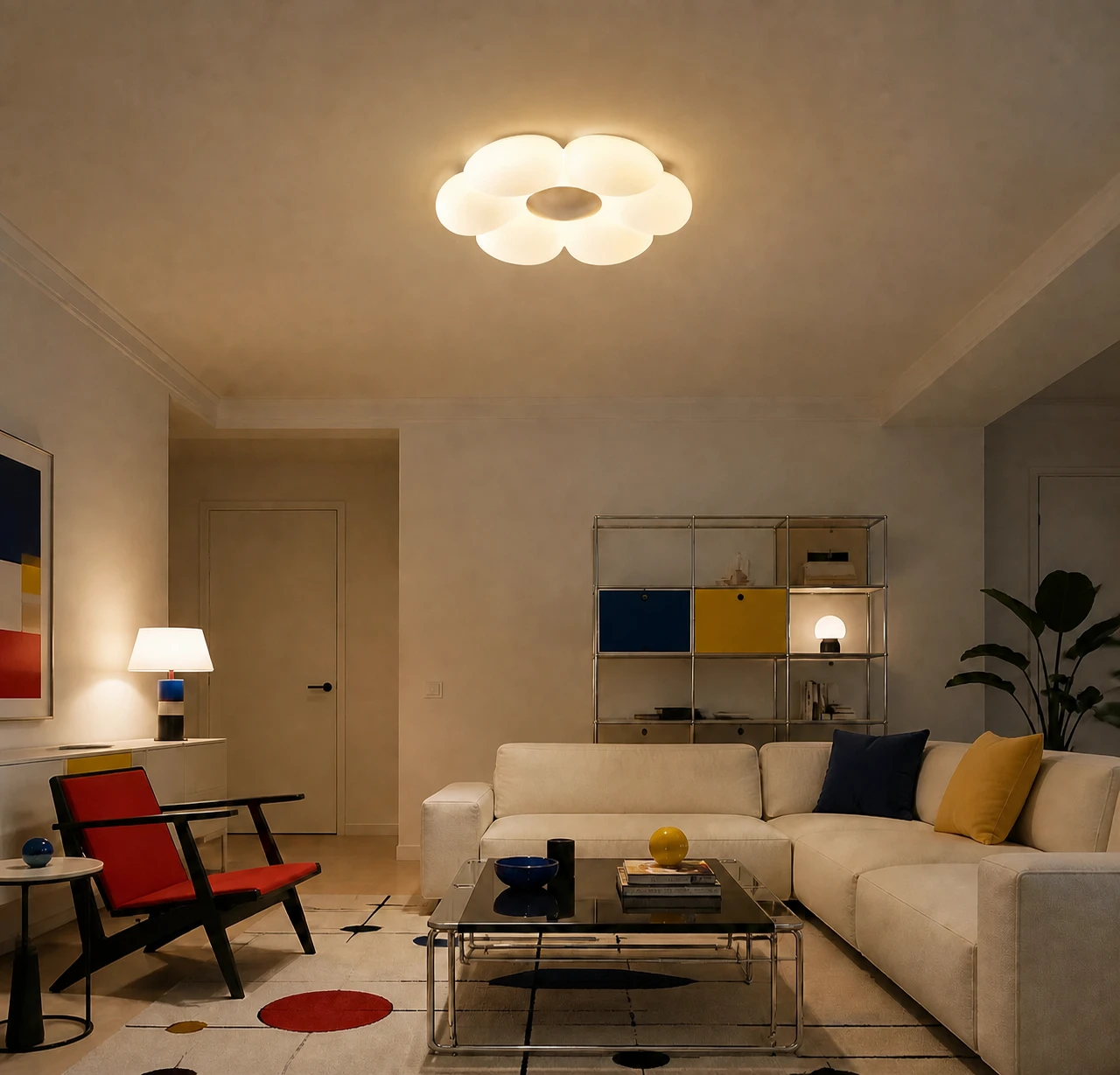White-center flower ceiling lamp in a modern Bauhaus living room