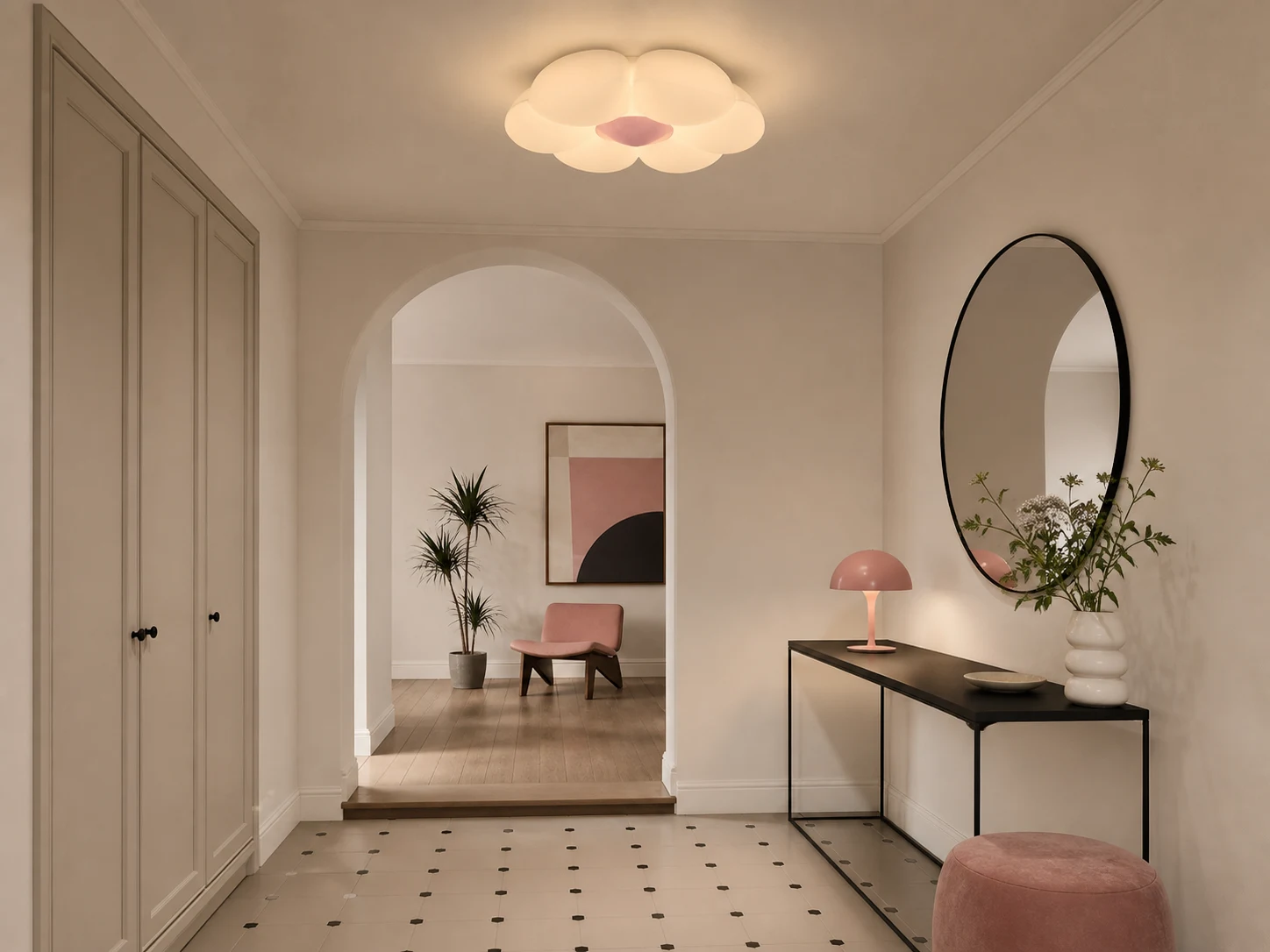 Pink-center flower ceiling lamp in a modern entry hall