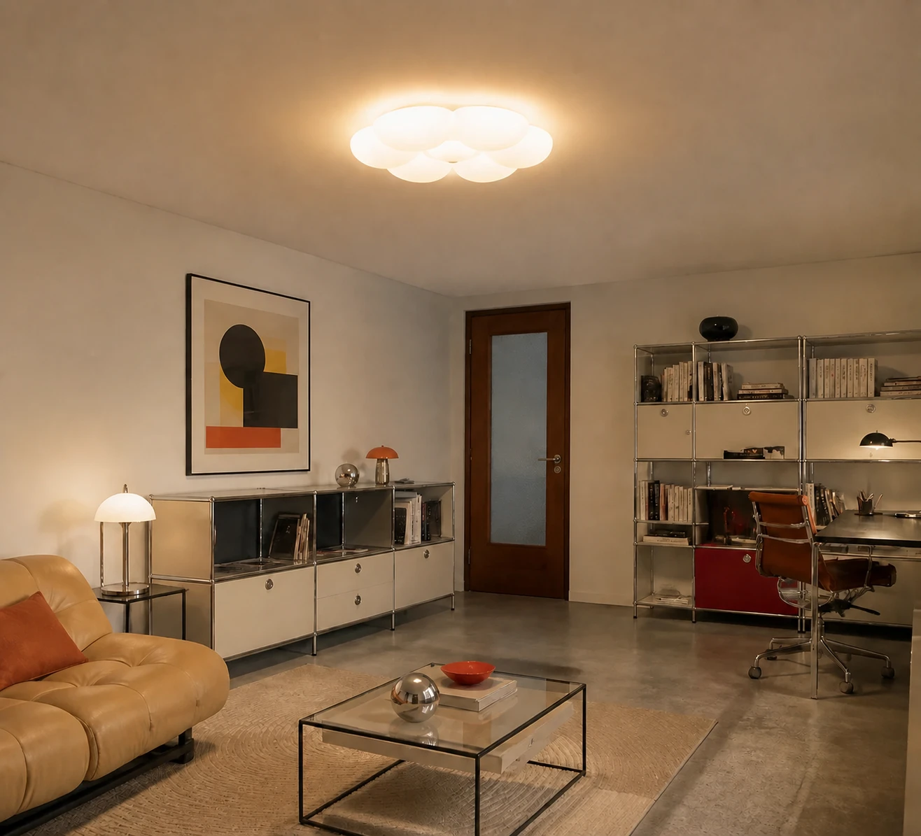 White-center flower ceiling lamp in a Bauhaus home studio