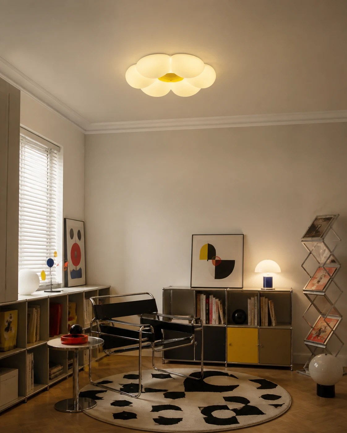 Yellow-center flower ceiling lamp in a bright Bauhaus reading corner