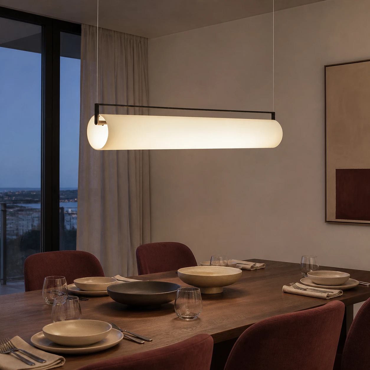 Edge cylindrical pendant creating a soft neutral evening dining atmosphere