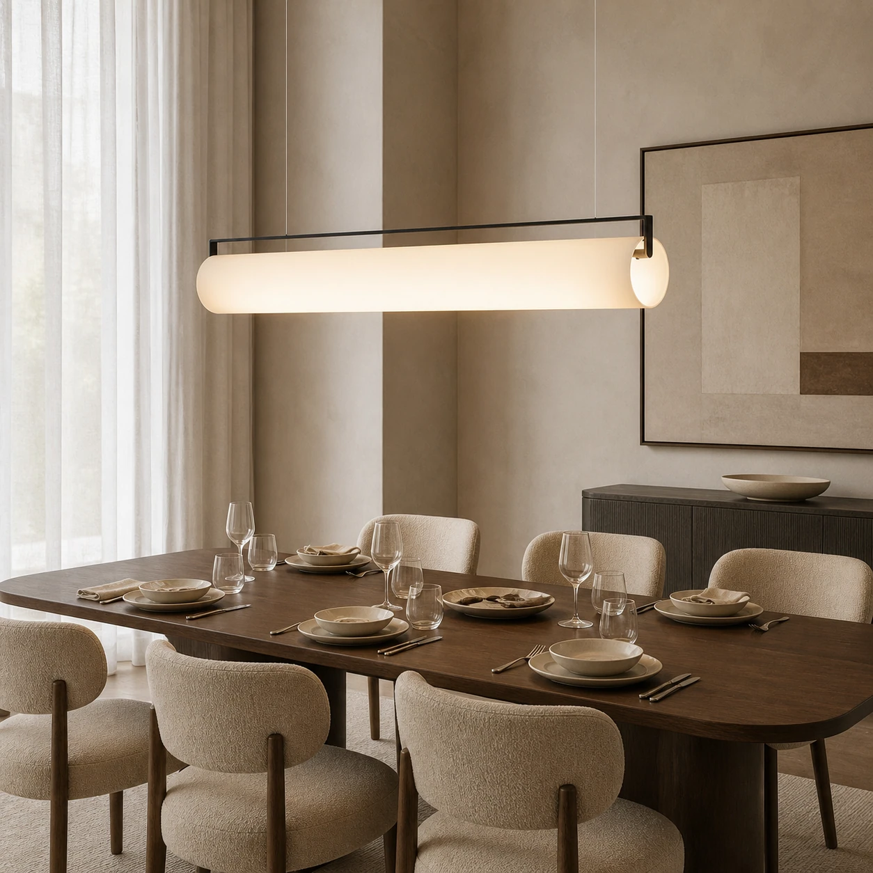 Single Edge cylindrical pendant centered above a refined private dining table