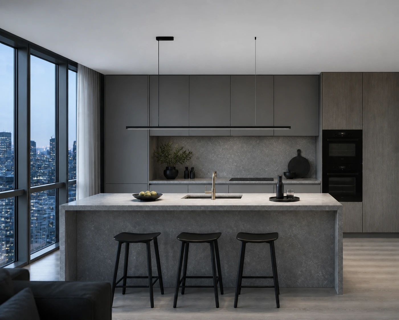 Edge linear pendant above a Nordic penthouse kitchen island