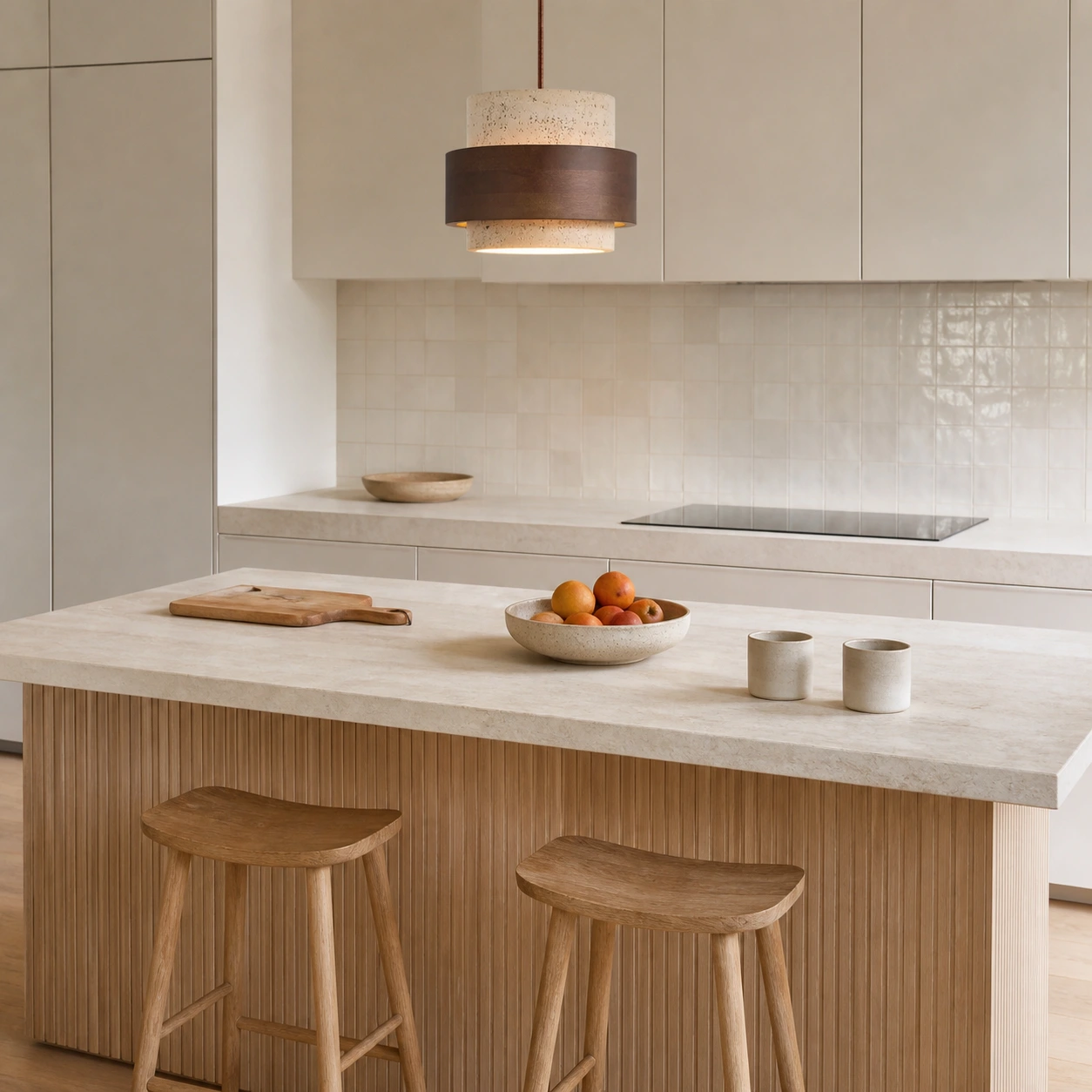 Beige SKU pendant above a bright kitchen island