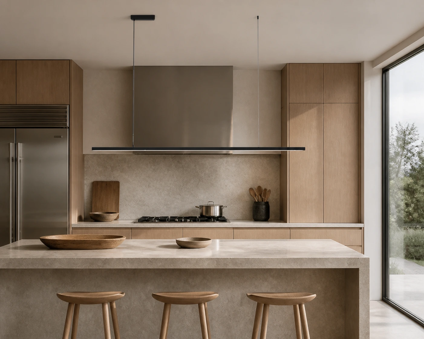Edge linear pendant centered above a Nordic stone kitchen island
