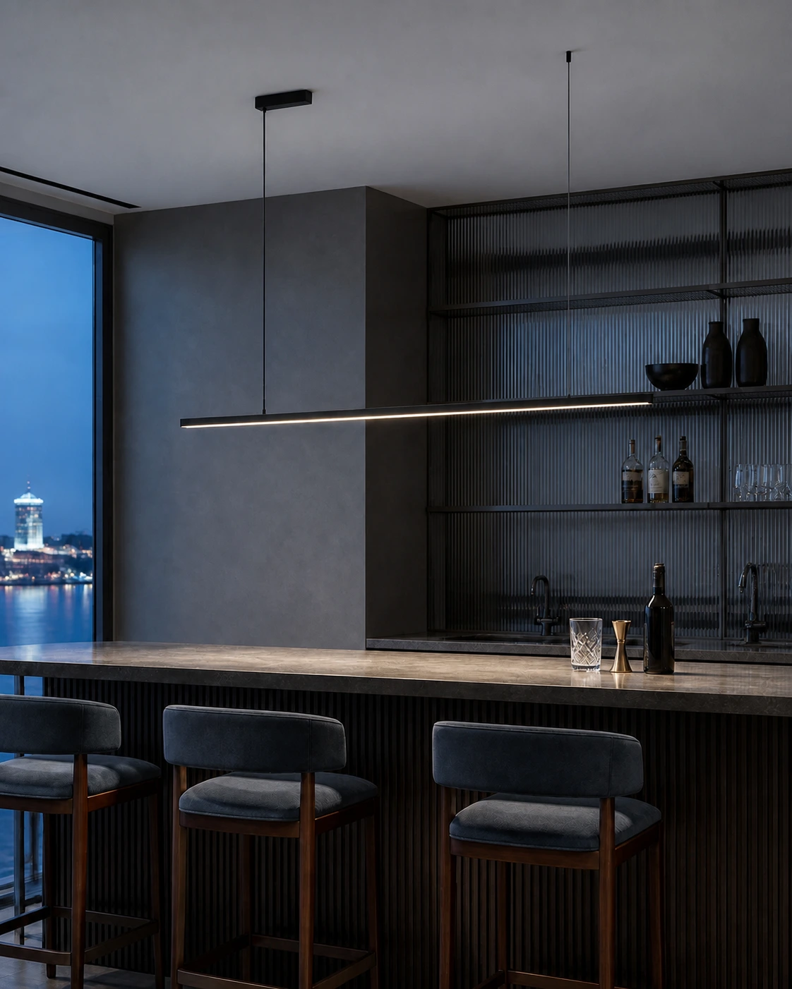 Edge linear pendant illuminating a Nordic luxury hotel bar