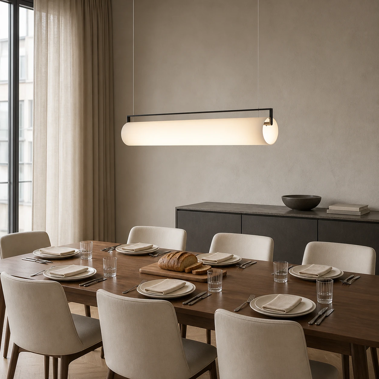 Single Edge cylindrical pendant above a fully set apartment dining table