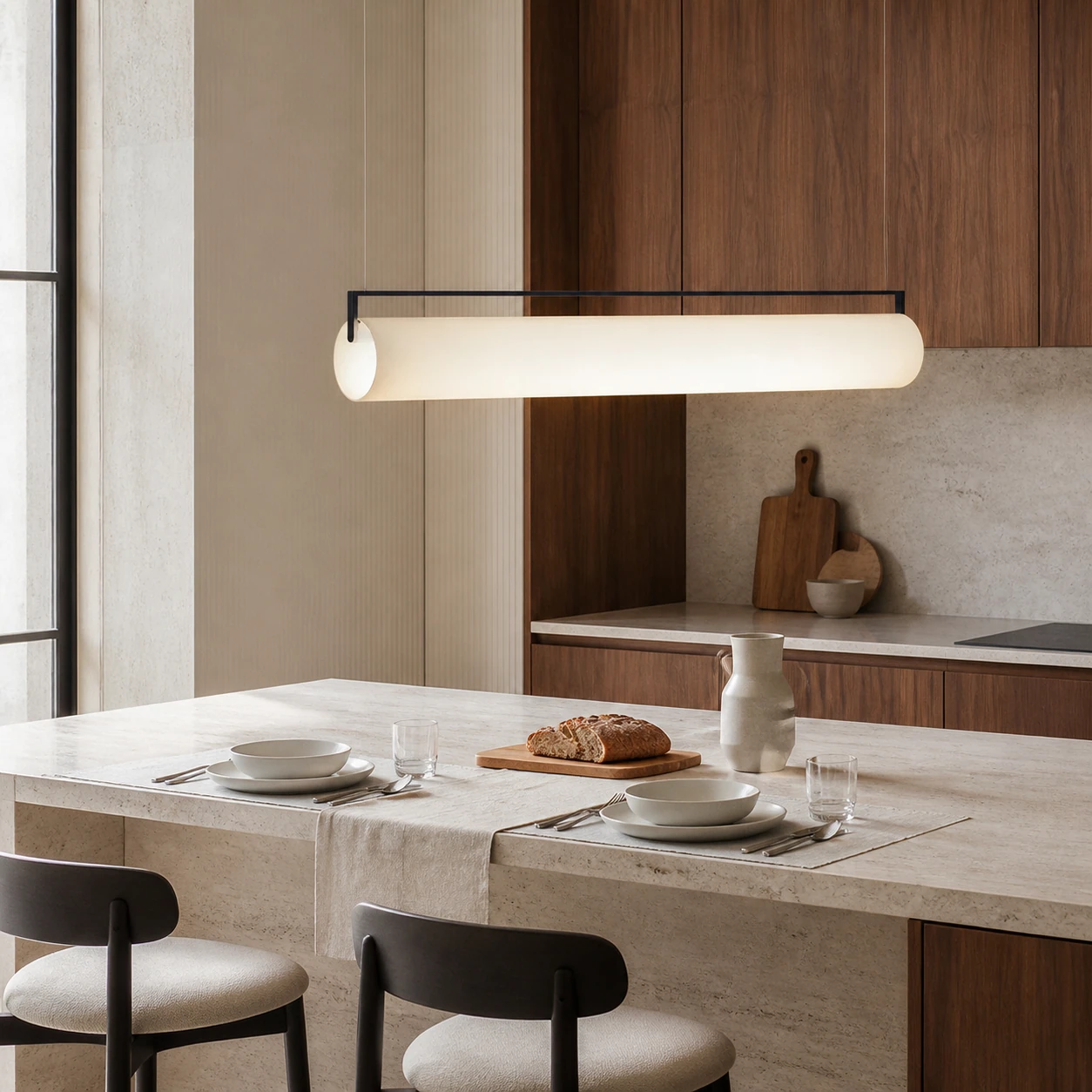 Edge cylindrical pendant above a refined travertine kitchen island