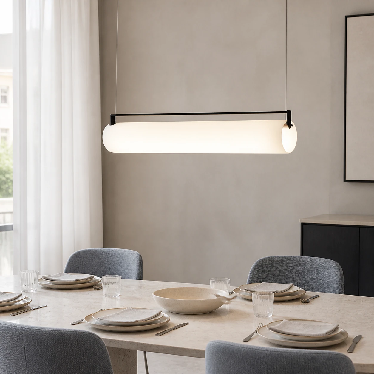 Edge cylindrical pendant creating a clear daytime dining atmosphere