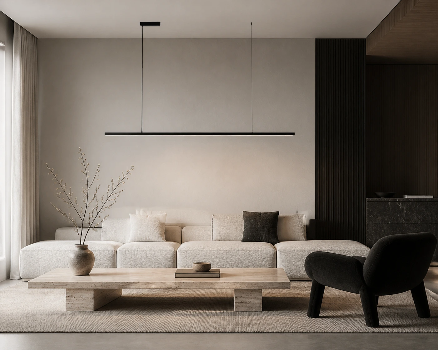 Edge linear pendant in a layered Nordic modern living room
