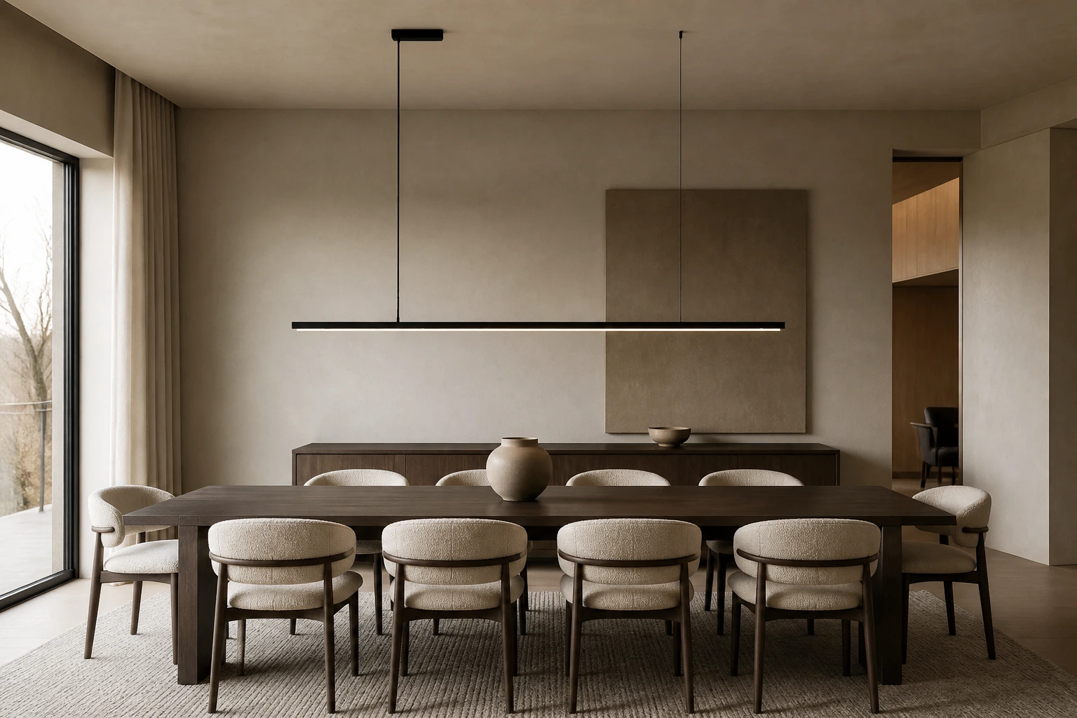 Edge linear pendant above a long Nordic dining table