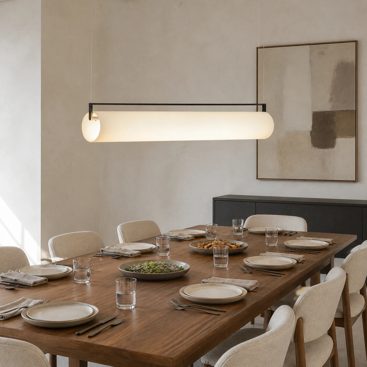 Edge cylindrical pendant above a fully set modern light-luxury dining table