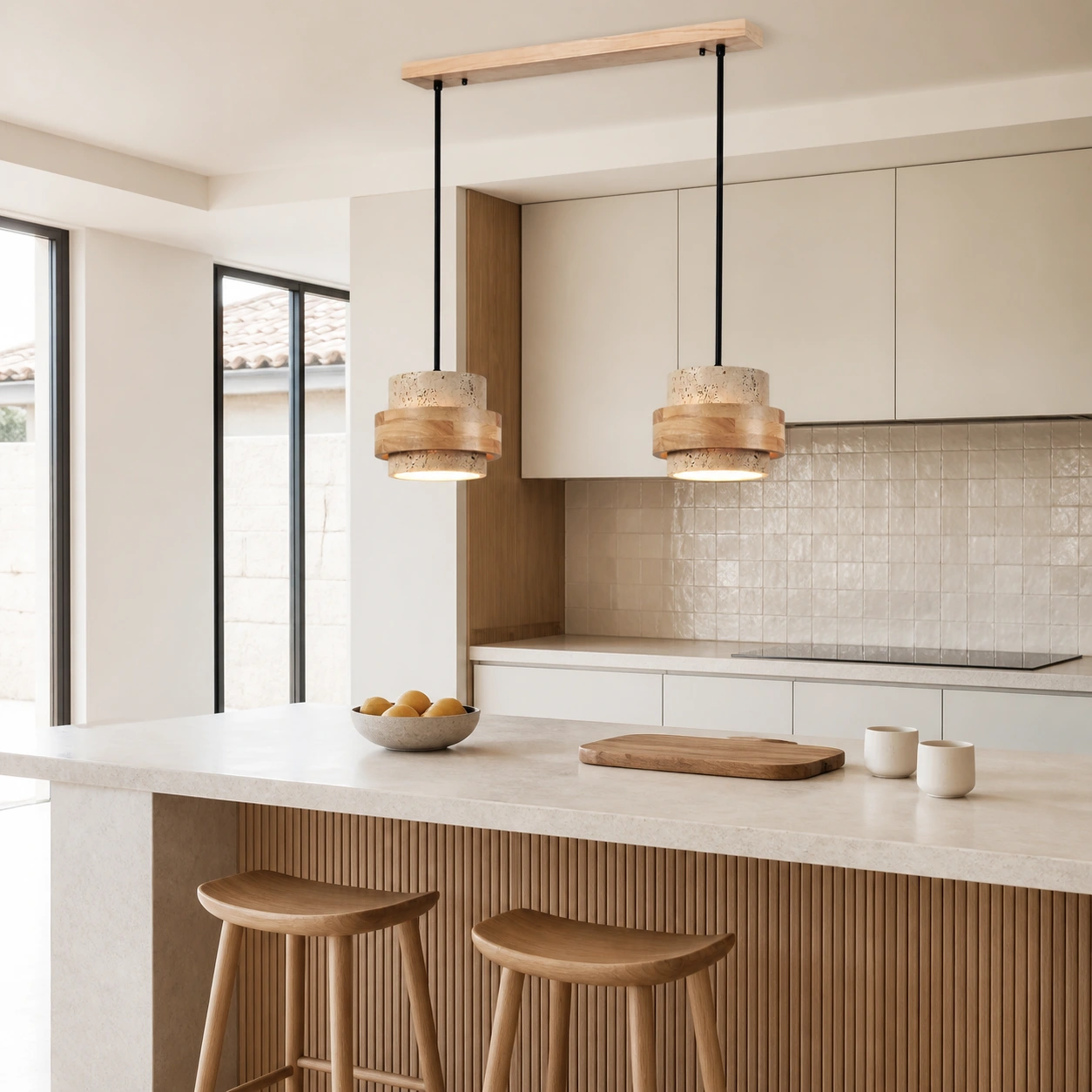 Two-head Natural SKU pendant over a kitchen island
