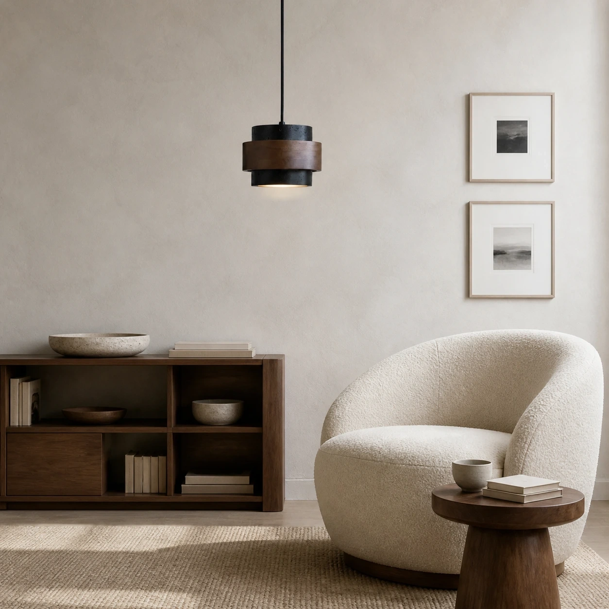 Black SKU pendant switched on with a subtle realistic diffuser glow