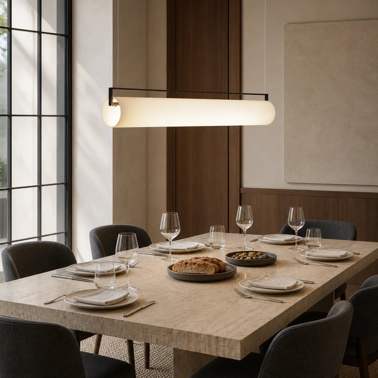 Single Edge cylindrical pendant above a modern hospitality dining table
